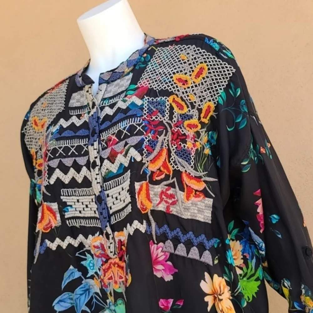 JOHNNY WAS BIYA ANTHRO Veda Embroidered Silk Blouse S M L Shirt Peasant Top Boho